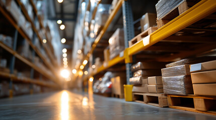 Large warehouse with numerous items rows of shelves with boxes logistics inventory control order fulfillment space optimization illustration for advertising marketing