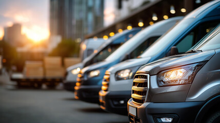 Fototapeta premium Delivery vans fleet parked commercial vehicles logistics transportation freight delivery shipping service cargo vans distribution fleet transport business courier service