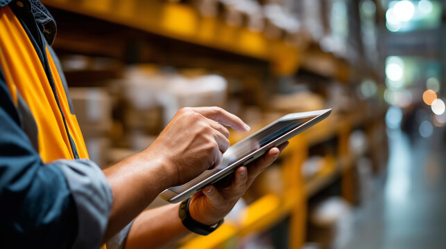 Faceless man warehouse worker with tablet computer digital inventory logistics technology warehouse management stock control distribution operations mobile device industrial