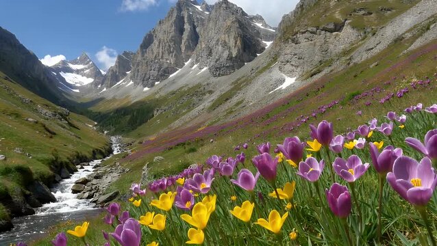 Vast Mountain Meadow Filled with Blooming Purple Spring Flowers in a Majestic High Altitude