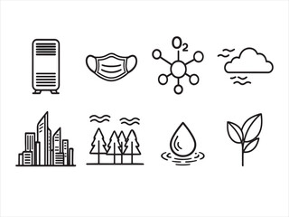 A collection of simple line art icons representing air purification and environmental elements.