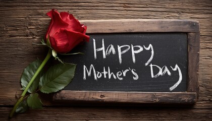 Mother'S Day Celebration With A Red Rose And Chalkboard On Vintage Wooden Background - Mother'S Day Sentiment And Appreciation.