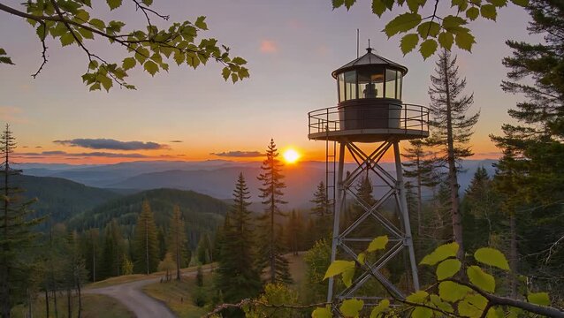 northern perspective from the fire lookout tower atop a forested mountain during the evening
