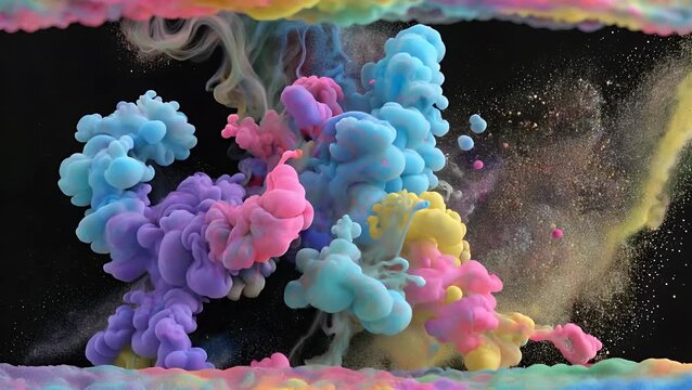 imagery sequence showing brightly colored fine particulate matter rapidly expanding in a void dark environment  captured using high-speed photography techniques with a transparent