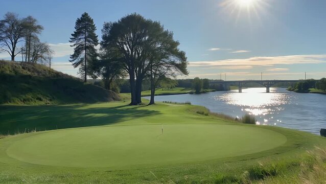 expansive recreational grass-covered area designed for a precision ball sport  featuring a meandering body of water under bright