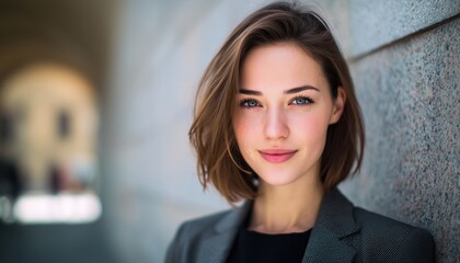 Fototapeta premium Outdoor Portrait Of A Youthful Businesswoman - A Description Of A Young Professional Posed For A Headshot Outdoors, Focused And Confident.