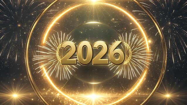 Celebration Billboard Design for Happy New Year 2026 Featuring Golden Sparkler Numerals and Fireworks Against a Glowing Bokeh Light