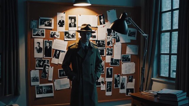 Man in trench coat stands before a bulletin board covered with photos and documents in dim lighting