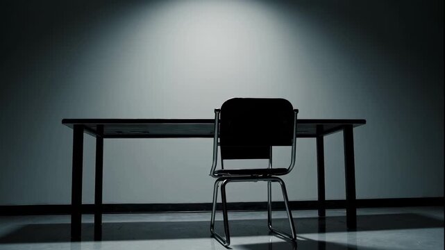 A stark interrogation room featuring a table chair and overhead light in a dark setting