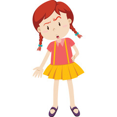 Annoyed young girl with red hair in braided pigtails wearing a pink shirt and yellow skirt with blue accents and purple shoes with a white background