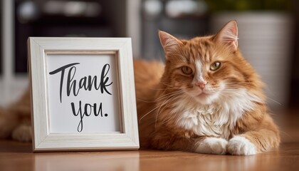 Red Cat Lounging On The Floor Next To A Blurred Poster In A Frame That Reads Thank You. In The Background.