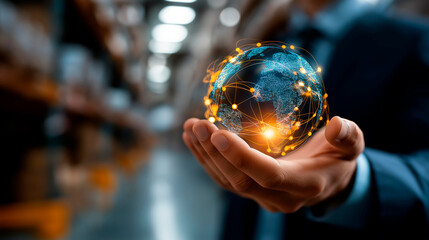 Faceless businessman holding virtual interface panel of global logistics network distribution and transportation smart logistics innovation future of transport large warehouse