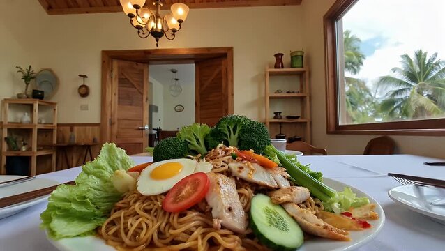 plated dish of Javanese style fried noodles accompanied by an egg and various vegetables including chicken  mustard greens  cauliflower  carrot  cucumber  tomato  lettuce  with garnishes of fried