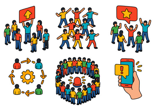 Flash Mob Coordination. Isometric vector illustration set Social coordination in flash mobs: participants following visual signals