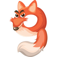 Anthropomorphic orange fox stylized as the number nine with a playful expression and fluffy tail isolated on a white background