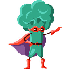 Anthropomorphic Superhero Broccoli Character Wearing Red Mask Cape and Boots Posed Confidently Against White Background Vibrant Colors