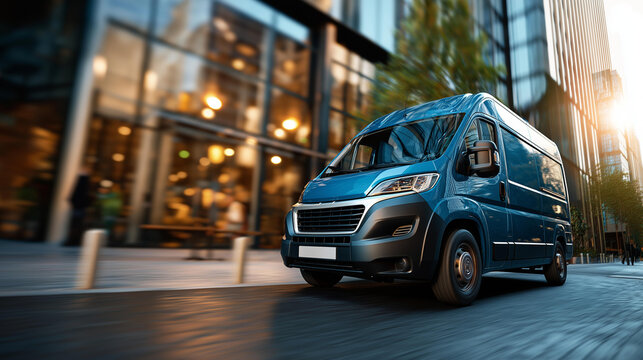 Fototapeta Delivery van in urban city environment commercial vehicle logistics transportation freight delivery urban shipping cargo van distribution service city transport bokeh with