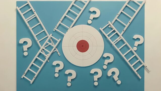 pale climbing frames and interrogation symbols inclined against a circular target on an azure-colored vertical
