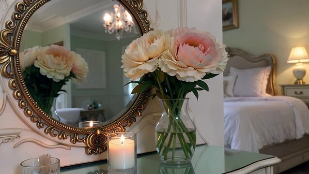 Photograph with a Soft Focus Depicting a Bouquet of Pale Peonies in a Vase Alongside a Candle on a Vanity Table  Including a Blurred Mirror