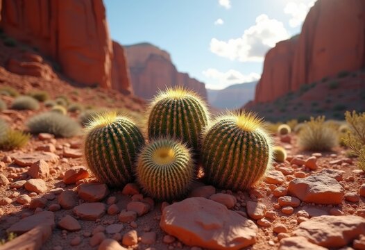 Cacti Cluster Amidst Red Rock Formation Steeped in Desert Warmth Authentic Wilderness