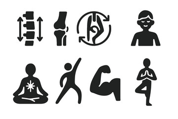 Gravity Yoga Benefits Icons. Solid style icons of benefits of gravity yoga: spinal decompression symbol, joint relief badge,