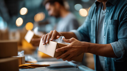 Obraz premium Warehouse shipping preparation work image logistics operations distribution center activity cargo handling inventory management supply chain work industrial logistics bokeh