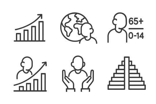 Aging Population Icons. Line style icons of aging population trends: increasing age bar chart, global elderly distribution map,