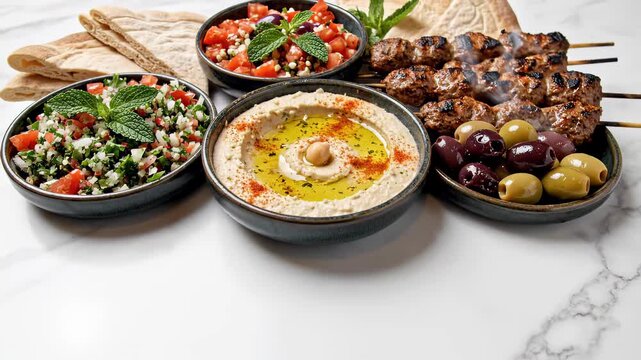 Middle Eastern Mezze Platter with Kebabs and Hummus