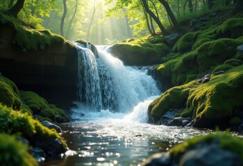 Enchanting Waterfall Coursing Over Vibrant Moss-Covered Rocks in a Mystical Forest Enclave