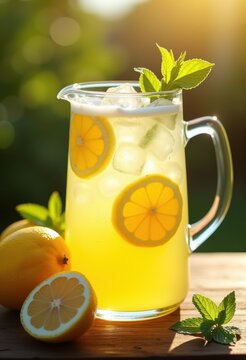 Classic Lemonade in Vintage Glass Pitcher Captured Under Radiant Sunshine with Fresh Lemons and Mint Leaves