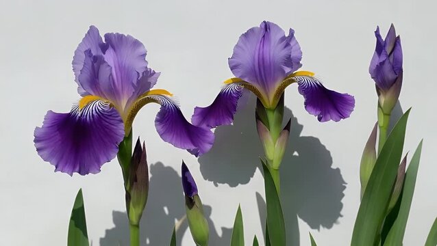 Highly Detailed Close-Up Examination of Three Blossoms from an Iris Flower  Photographed on a Plain White Backdrop in a Residential