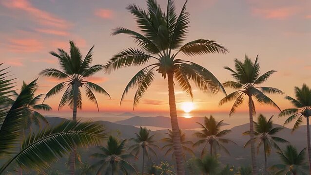 computer-generated animation simulating a low-angle view moving through a grove of palm trees silhouetted against a vividly colored sunset