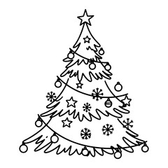Hand‑Drawn Decorated Christmas Tree with Ornaments, Star and Garlands &ndash; Festive Line Art Vector Illustration