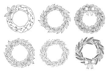 Rustic Christmas Wreath Collection Decorated with Holly and Ribbon – Versatile Winter Line Art Vector Set