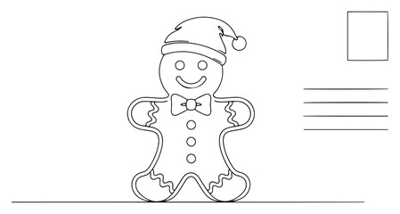 Gingerbread Man Wearing Santa Hat on Postcard – Cute Christmas Cookie Line Art Vector Illustration