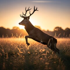 Majestic Red Deer Stag Leaping Gracefully Through Golden Meadow at Sunset.
