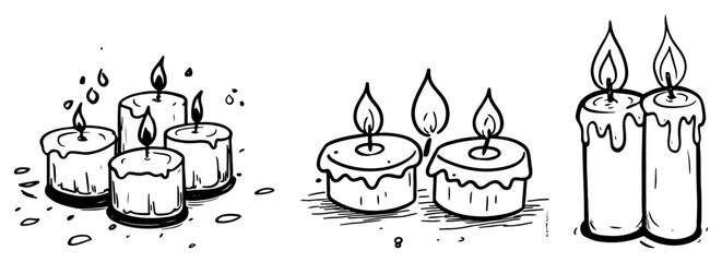 Burning Tealight and Pillar Candle Set – Hand‑Drawn Winter Holiday Warmth Sketch Vector Illustration