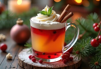 Festively Decorated Seasonal Beverage with Colorful Holiday Accents and Aromatic Garnishes