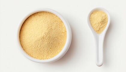 Vegetarian Superfood: Nutritional Yeast In A Small White Ceramic Bowl With Spoon. Top View Copy Space For Healthy Diet.