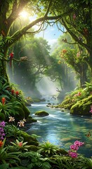 Enchanting Jungle River with Lush Greenery and Sunbeams.