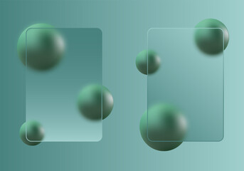 Two transparent frosted glass frames and volumetric green spheres. Eps 10