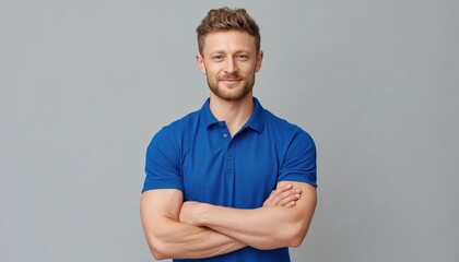 Young European Caucasian Man In Blue Polo Shirt, Smiling And Looking At Camera, Standing On Gray Background With Crossed Arms.