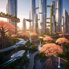 Futuristic Cityscape with Lush Greenery and Flying Vehicles - A Harmonious Blend.
