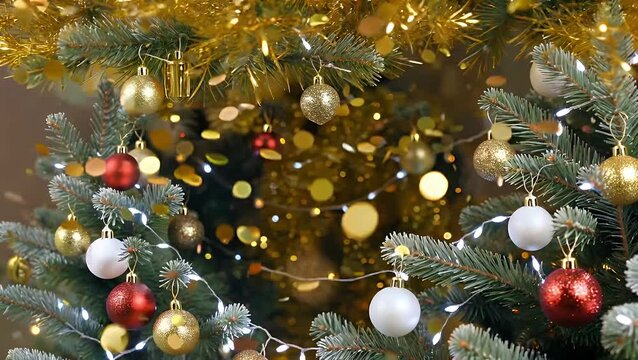 seamless repeating festive pattern for the winter season featuring evergreen fir tree branches and shimmering golden confetti
