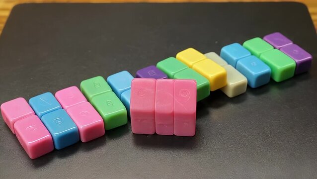 extreme close-up photograph of multiple domino tiles in various colors resting on a flat table