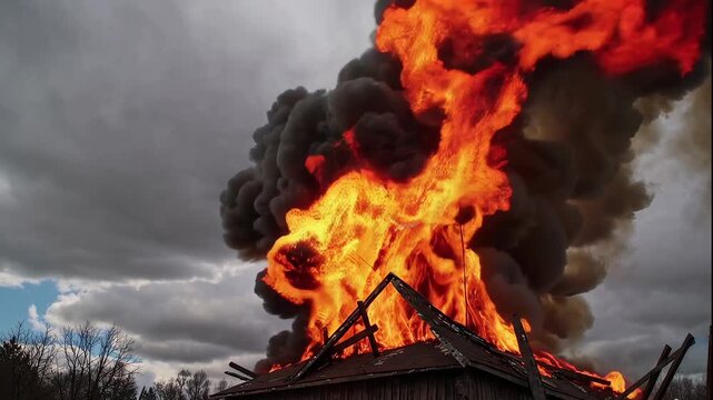 House engulfed in flames with thick black smoke billowing against a cloudy sky backdrop view