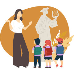 Art Museum Tour Teacher Guides Children Showing Ancient Sculpture and Greek Statue with Lyre and Laurel Wreath under Warm Sunlight