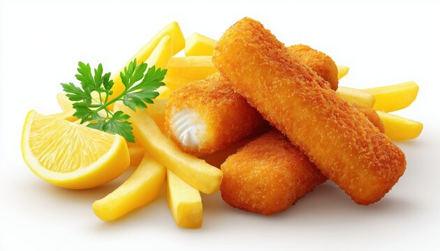 Delicious Fried Fish Sticks With French Fries: A Flavorful Dish Of Fish Fingers, Crispy Potato Wedges, And Tangy Lemon. Ready To Enjoy!