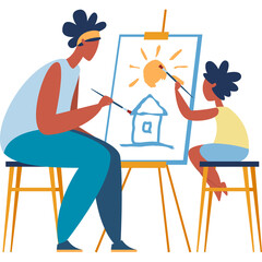 Artistic Family Bonding Moment Two People Paint A Cheerful Sun And House On Canvas Easel Indoors