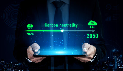 Carbon neutrality timeline illustrates carbon, neutrality, and reduction targets from 2024 to 2050 to support global sustainability and green initiatives Vouch